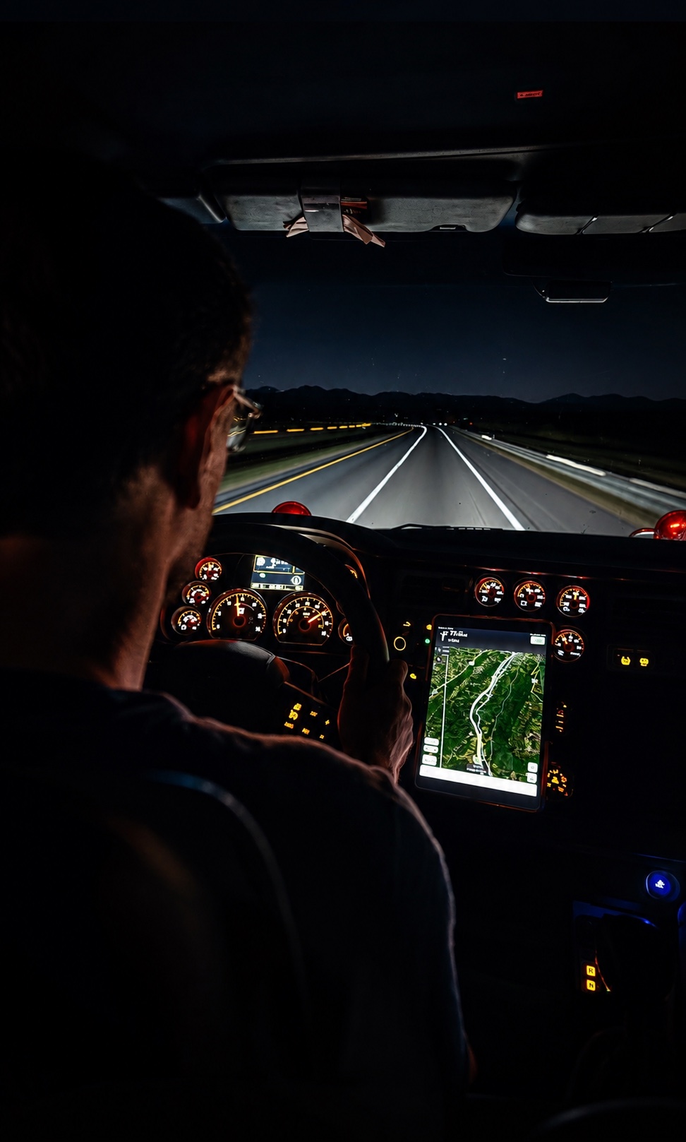 Owner-operator driving at night, checking the route on an in-cab tablet mounted on the dash